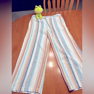 PER SE Linen Blend Wide Legs Cropped Striped Pants Medium